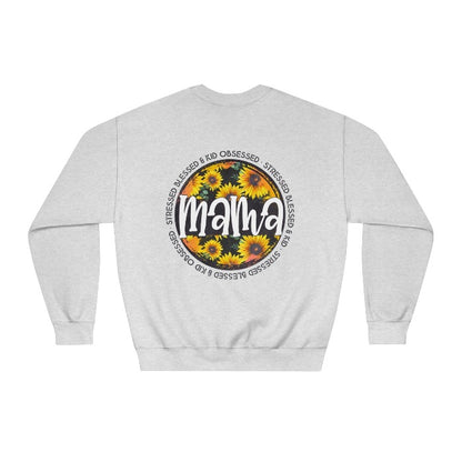 Celebrate motherhood with the 'Mama: Blessed & Stressed' crewneck sweatshirt, perfect for showing the multifaceted life of moms, a thoughtful Mother's Day gift – available now at D1gital Emporium US.