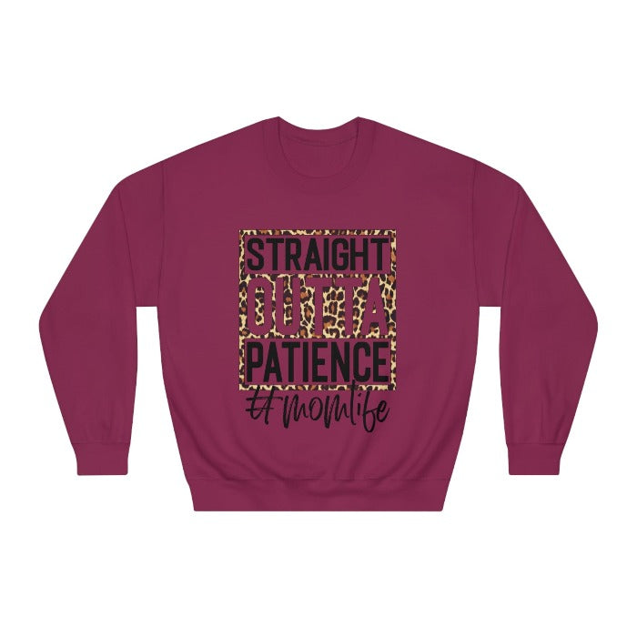 Find humor in parenting with the 'Straight Outta Patience #momlife' crewneck sweatshirt, featuring trendy leopard print, a must-have for moms with a sense of humor this Mother's Day – get it now at D1gital Emporium US