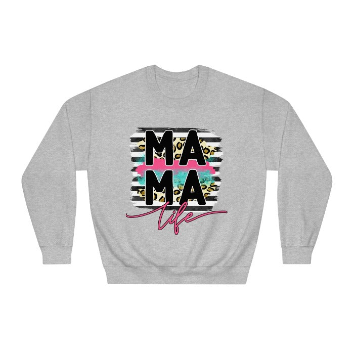 Embrace motherhood with style in this 'MAMA LIFE' crewneck sweatshirt featuring a modern leopard print and splash paint design, the perfect chic and comfy Mother's Day gift – exclusively at D1gital Emporium US