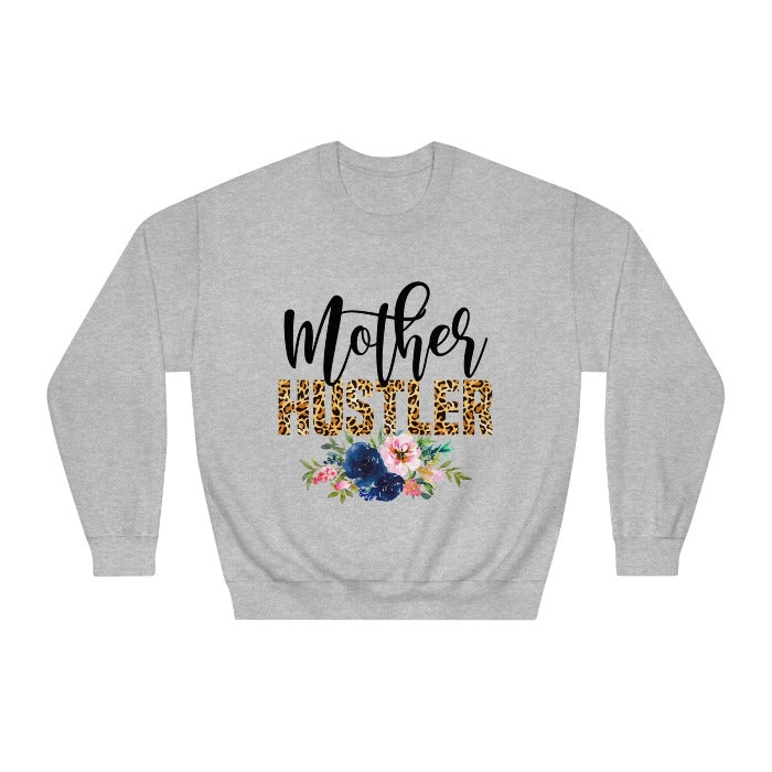 Shop the 'Mother Hustler' crewneck sweatshirt with leopard print and floral design, perfect for the hardworking mom this Mother's Day – available at D1gital Emporium US