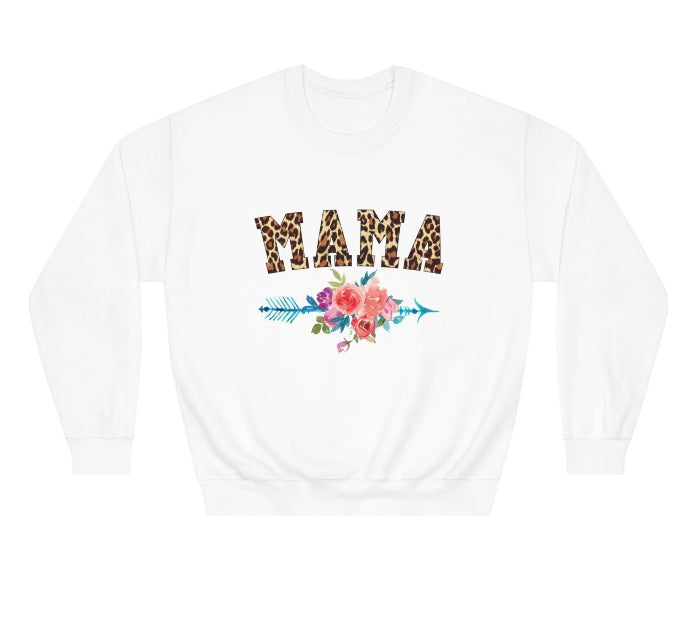 Stylish white 'Mama' crewneck sweatshirt with leopard print letters and colorful floral arrow design, a perfect Mother's Day present for fashionable moms – get it at D1gital Emporium US.