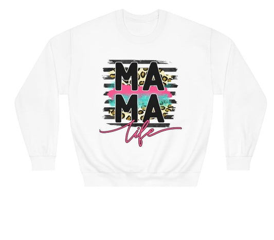 Embrace motherhood with style in this 'MAMA LIFE' white crewneck sweatshirt featuring a modern leopard print and splash paint design, the perfect chic and comfy Mother's Day gift – exclusively at D1gital Emporium US