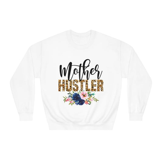 Shop the 'Mother Hustler' white crewneck sweatshirt with leopard print and floral design, perfect for the hardworking mom this Mother's Day – available at D1gital Emporium US