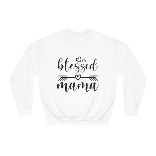 Show love for mom with the elegant 'Blessed Mama' white crewneck sweatshirt, adorned with heart and arrow graphics, an ideal cozy and heartfelt Mother's Day gift – shop at D1gital Emporium US.