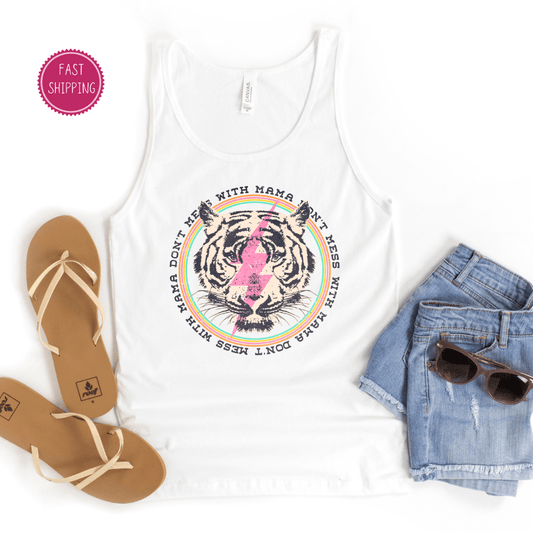 Stylish 'Don't Mess With Mama' unisex jersey tank top in soft cotton, perfect for Mother's Day gift shoppers seeking unique, empowering apparel – available at D1gital Emporium US.
