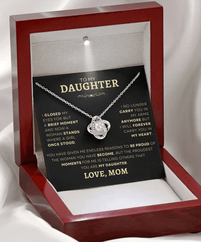 Silver necklace in a red gift box with a message to a daughter from her mother, showcasing a heart pendant - a perfect keepsake for cherished moments. Discover this heartfelt jewelry gift for your daughter at D1gital Emporium US.