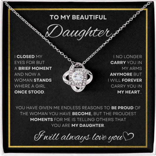 Elegant Love Knot Necklace with heartfelt message card in a gift box, a perfect present to celebrate your daughter's growth and achievements from D1gital Emporium.