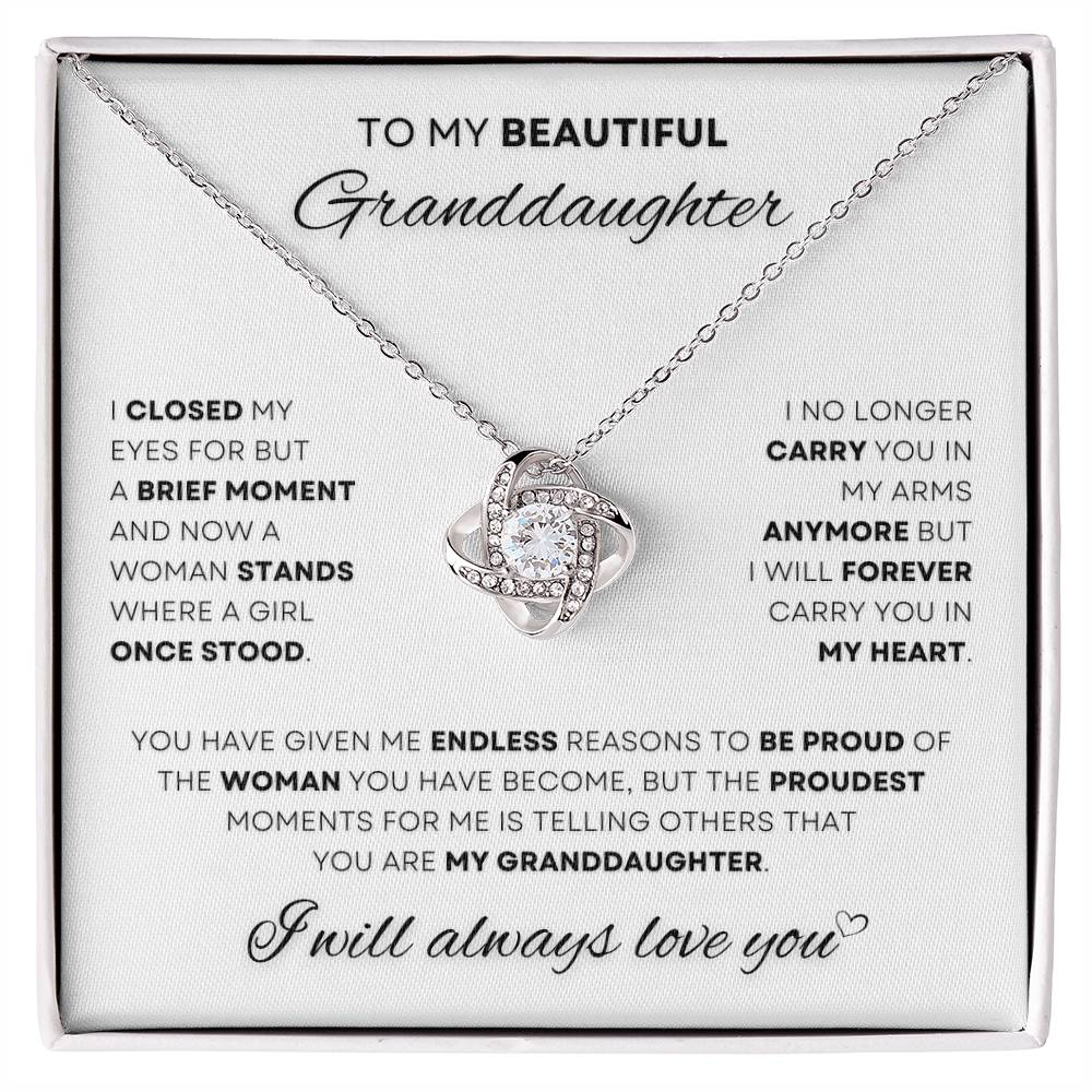 Elegant Love Knot Necklace Gift for Granddaughter with Encouraging Message, White Gold Finish - Show your granddaughter she's cherished with this stunning Love Knot pendant, symbolizing an unbreakable bond. Perfect for birthdays, graduation, or 'just because.' Shop now for a heartfelt gift at D1gital Emporium US.