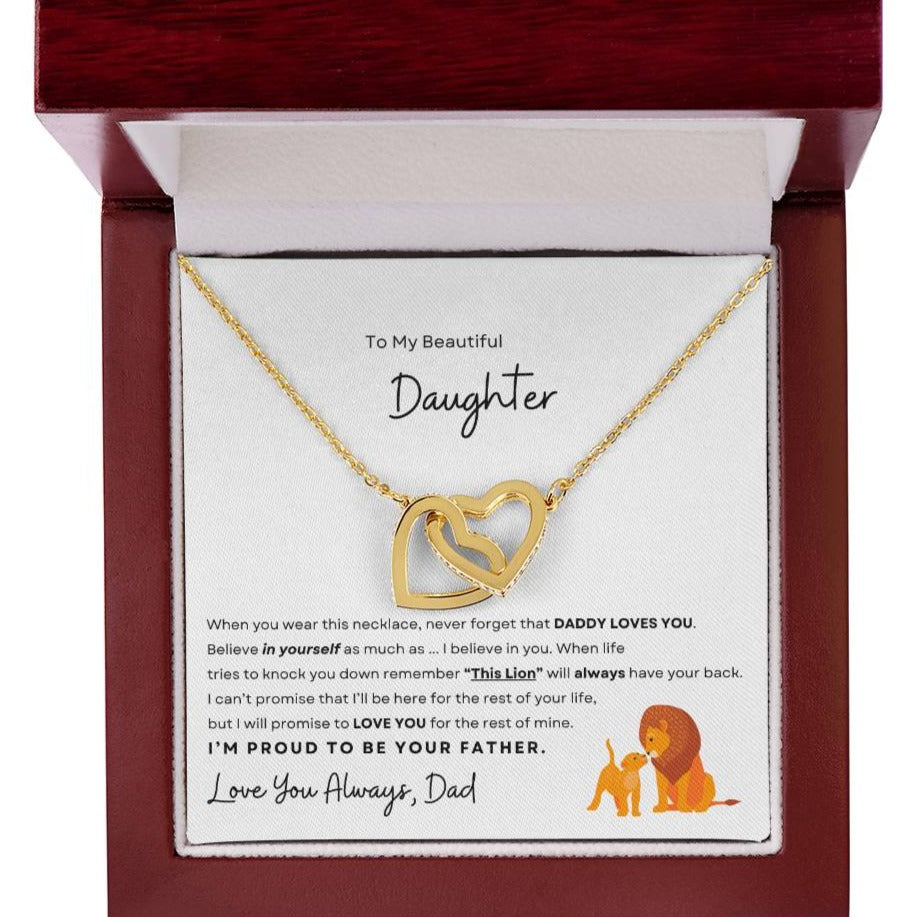 Gold interlocking hearts daughter necklace displayed in an elegant box with a loving note from Dad, a perfect gift to express paternal affection, available at Digital Emporium.