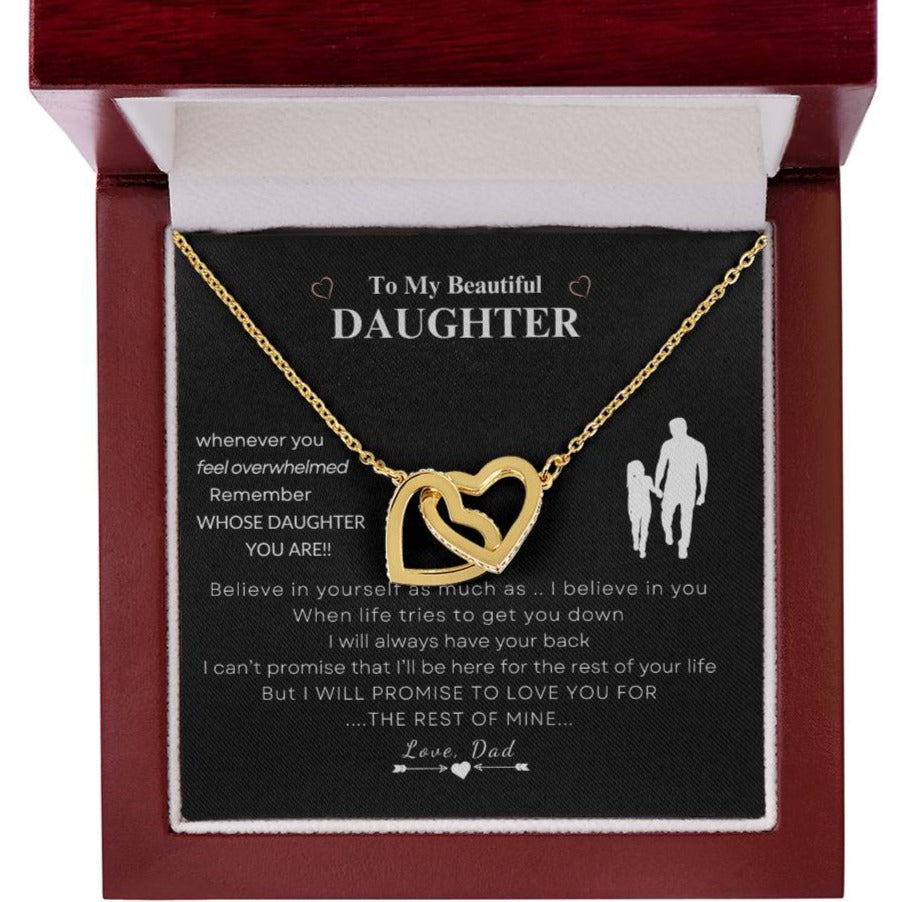 Cherished gold interlocking hearts necklace gift from dad to daughter, presented in a luxurious red and white box with a heartfelt message, embodying a father's eternal love.