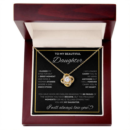18K yellow gold finish Love Knot necklace in a luxury gift box with a heartfelt message to a daughter from her mom, an elegant and touching gift available at D1gital Emporium.