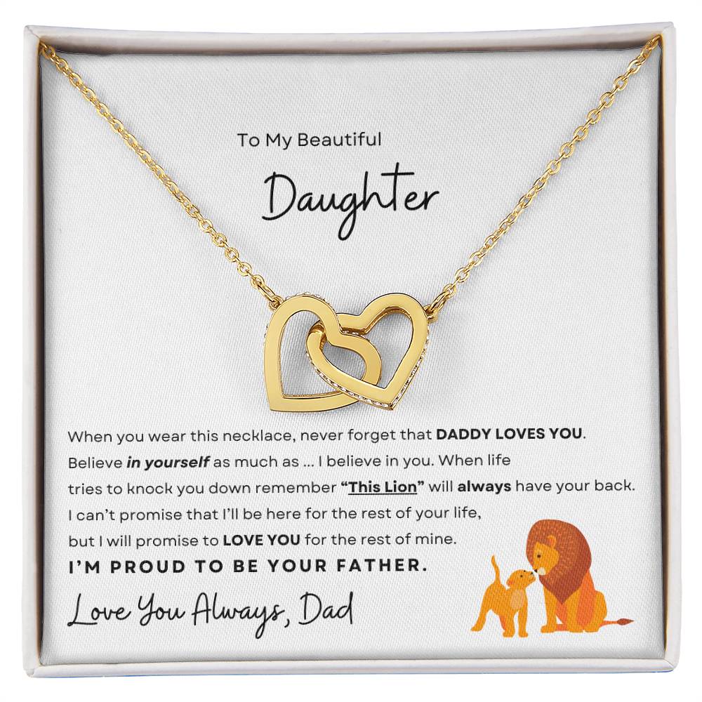 Gold interlocking hearts necklace with a loving message from dad to daughter, a perfect gift to show paternal love and support, available at Digital Emporium.
