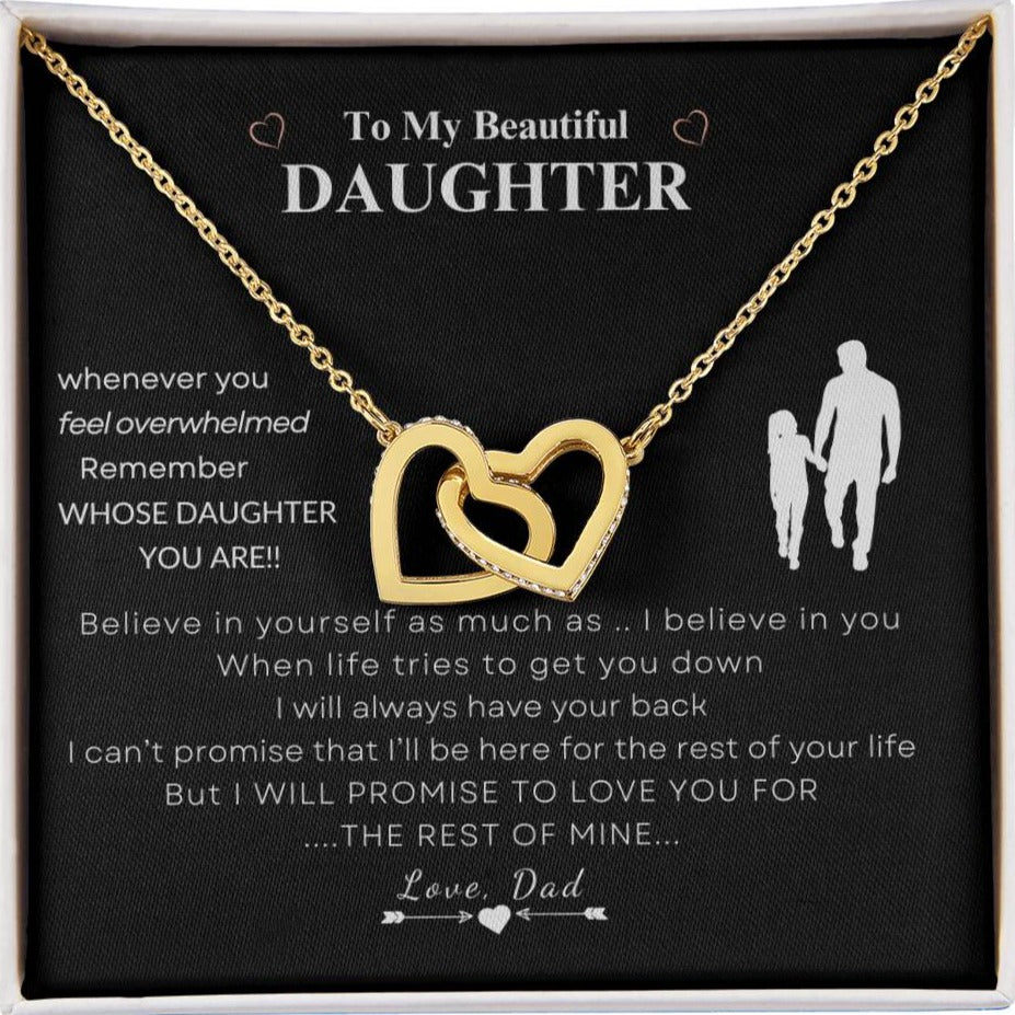 Gold interlocking hearts necklace for daughter with inspirational message from dad in a display box, a perfect gift to show everlasting love and support.