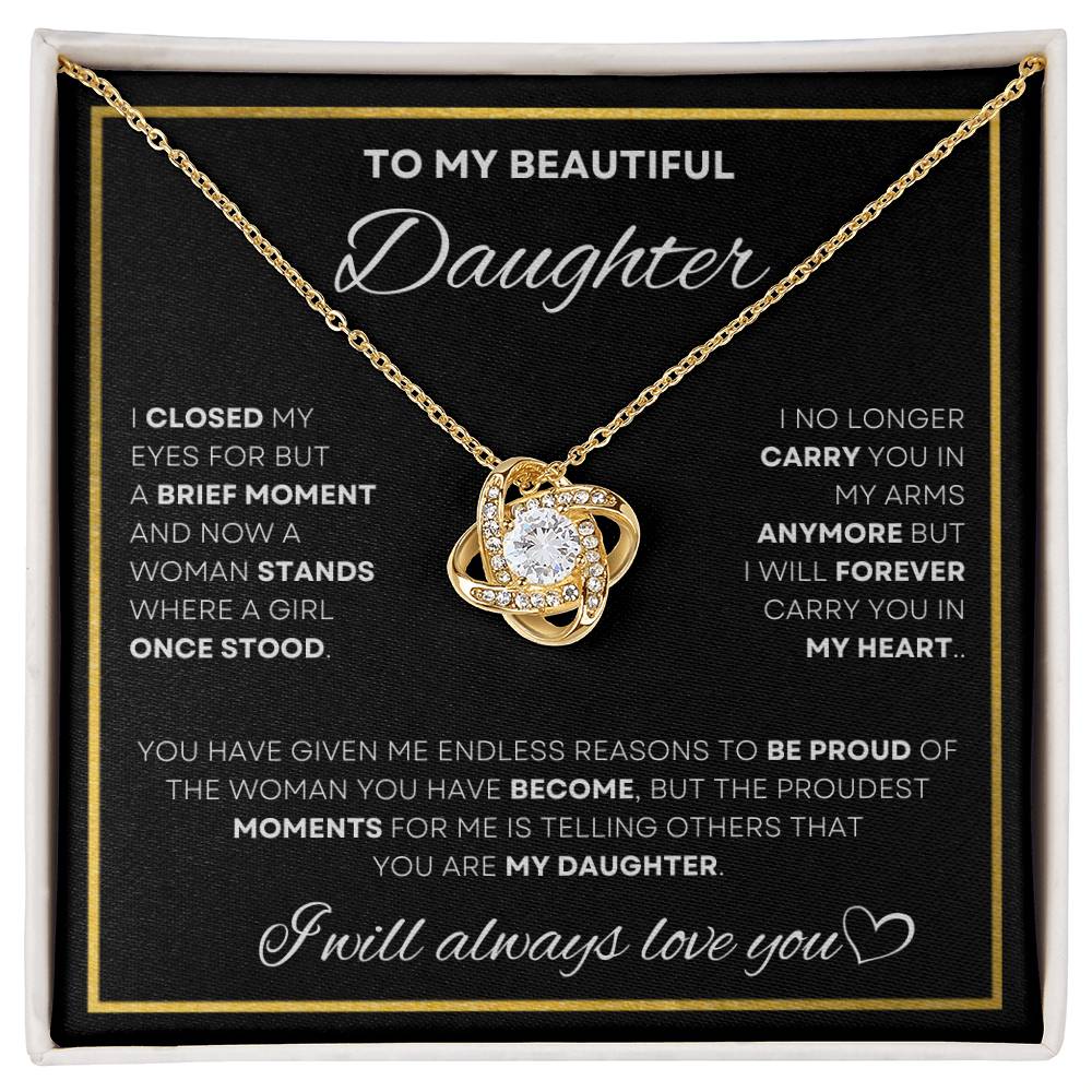 Elegant Love Knot Necklace in 18K yellow gold finish with a heartfelt message for a daughter, enclosed in a sleek black presentation box, available now at D1gital Emporium.