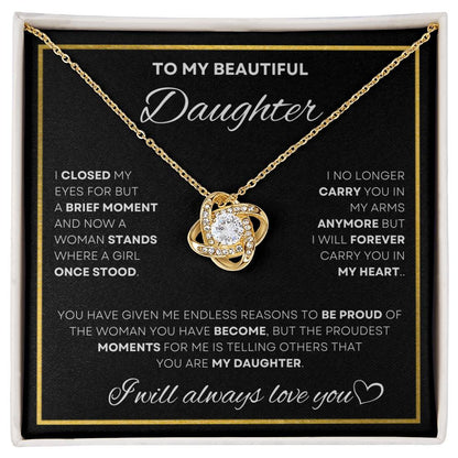 Elegant Love Knot Necklace in 18K yellow gold finish with a heartfelt message for a daughter, enclosed in a sleek black presentation box, available now at D1gital Emporium.