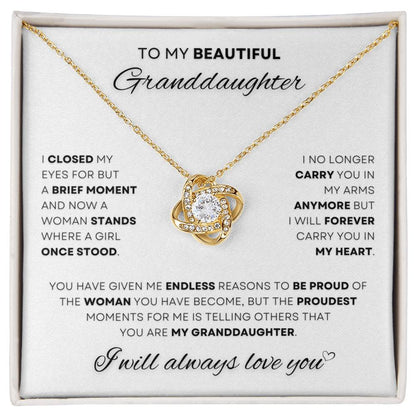 Gold-Tone Love Knot Necklace Gift for Granddaughter - A Heartfelt Present with Cubic Zirconia Detailing, Enclosed in a Classic Box, Perfect for Milestone Celebrations - Find this Exclusive Jewelry at D1gital Emporium US.