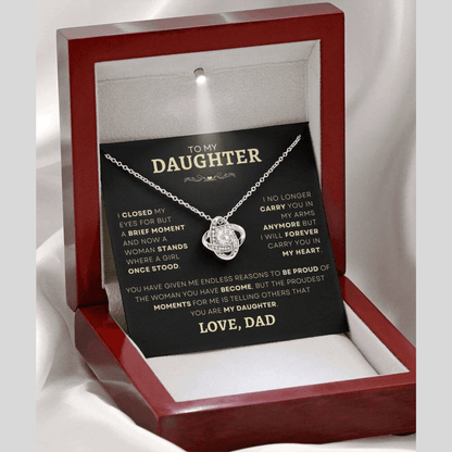 Emotive display of a 'To My Daughter' Heartfelt Necklace with a touching message in a LED-lit Mahogany Box, perfect for showcasing a father's love and pride in a timeless jewelry gift.