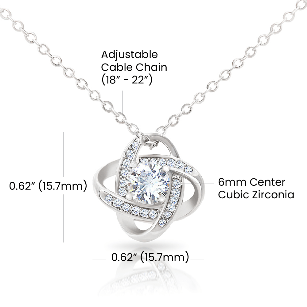 Elegant love knot necklace with a sparkling 6mm cubic zirconia centerpiece, featuring an adjustable 18" to 22" cable chain and a 0.62" pendant, crafted in 14K white gold finish over stainless steel, a cherished gift for daughters from D1gital Emporium US.