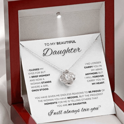 Emotive Love Knot Necklace in a radiant LED display box with a heartfelt message from dad to daughter, symbolizing a lifelong bond and parental pride.