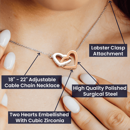 Chic double heart intertwined pendant necklace for granddaughters with lobster clasp and sparkling cubic zirconia on an adjustable chain, crafted from polished surgical steel. Exclusive at D1gital Emporium US.