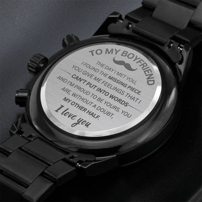Engraved Message Black Chronograph Watch for Boyfriend - Intimate Valentine's Day Gift | D1gital Emporium US
