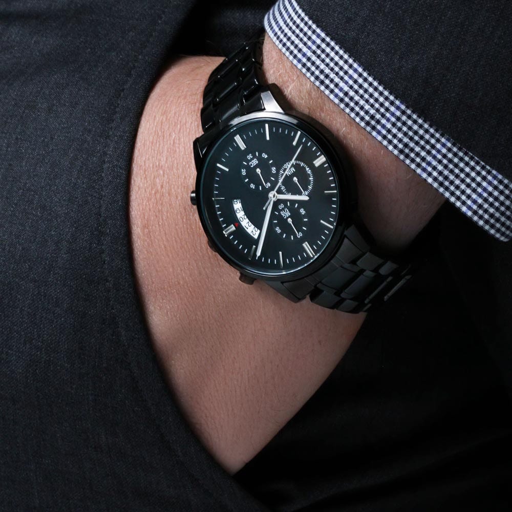 Sleek Black Chronograph Watch on Man's Wrist - Perfect Valentine's Gift for Him | D1gital Emporium US