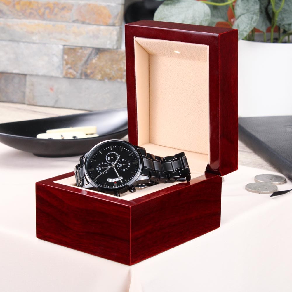 Stylish Black Chronograph Watch for Husband in Red Wooden Gift Box - The perfect blend of luxury and sentiment, this watch is designed to delight both our loyal customers and new buyers. Available now at [D1gital Emporium US], this timepiece is a timeless symbol of love and commitment.