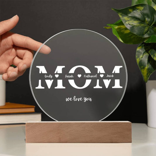 Elegant Mother's Day Circle Plaque with heartfelt 'Mom, We Love You' inscription, ideal gift for mothers - features premium acrylic design with vibrant, detailed printing. Perfect for celebrating mom's special day, showing appreciation and love from both loyal customers and new shoppers seeking unique, memorable gifts.