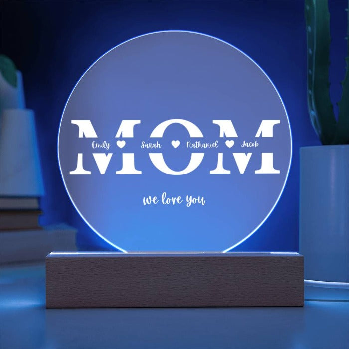 Elegant Mother's Day Circle Plaque with heartfelt 'Mom, We Love You' inscription, ideal gift for mothers - features premium acrylic design with vibrant, detailed printing. Perfect for celebrating mom's special day, showing appreciation and love from both loyal customers and new shoppers seeking unique, memorable gifts.