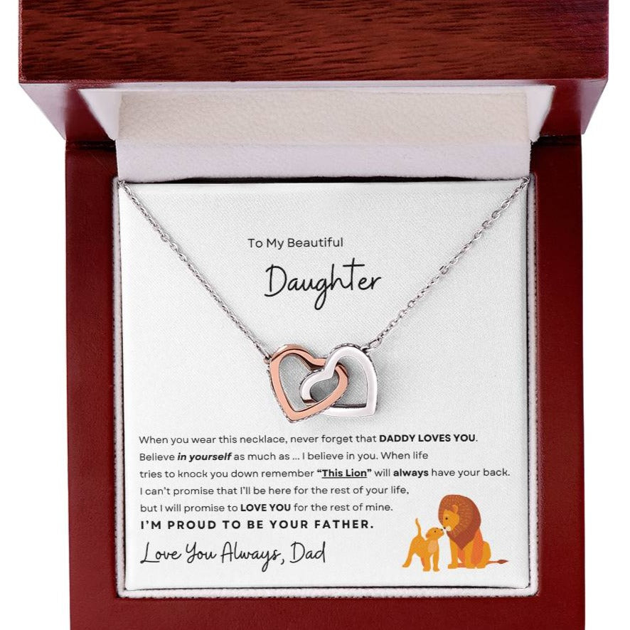 Silver and rose gold-tone interlocking heart necklace in a luxury gift box with a touching 'To My Beautiful Daughter' message from dad, perfect for special occasions, available at Digital Emporium.