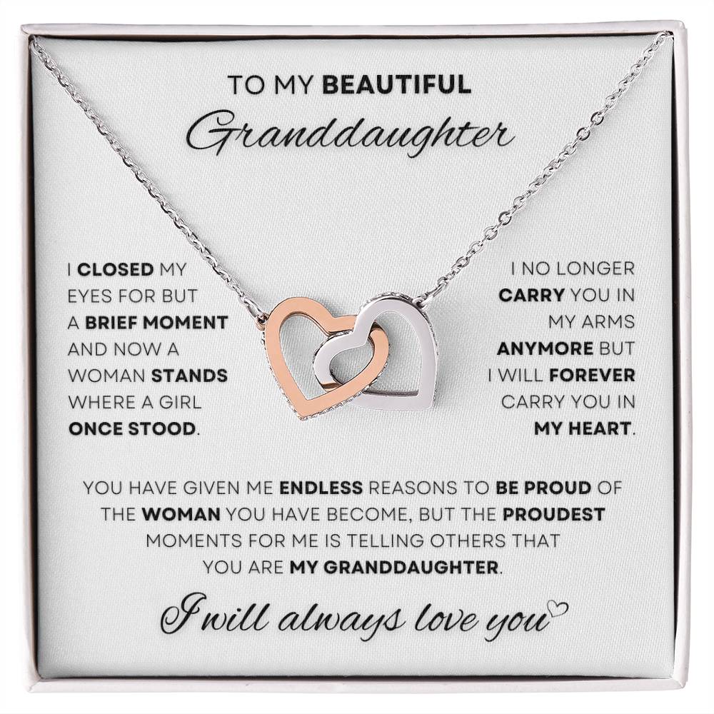 Cherish your granddaughter with our 'Forever in My Heart' Interlocking Necklace, a touching Valentine's Day gift. Celebrate her growth from a girl to a woman with this elegant two-tone heart pendant, a symbol of your everlasting love. Shop now at D1gital Emporium US.