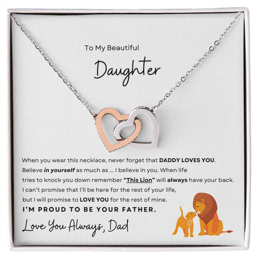 Silver and rose gold interlocking hearts necklace with 'To My Beautiful Daughter' message, presented in a classic box, a meaningful gift from a father to a daughter, available at Digital Emporium.