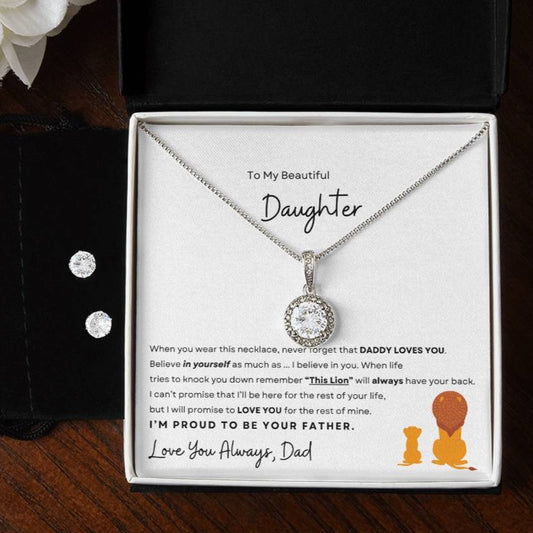 Cherish your daughter with the Eternal Hope Necklace and Earring Bundle, featuring a sparkling circular pendant and matching studs, showcased in an elegant gift box with a loving note from Dad. Ideal for both repeat and new customers looking for meaningful gifts at d1gitalemporiumus.com.