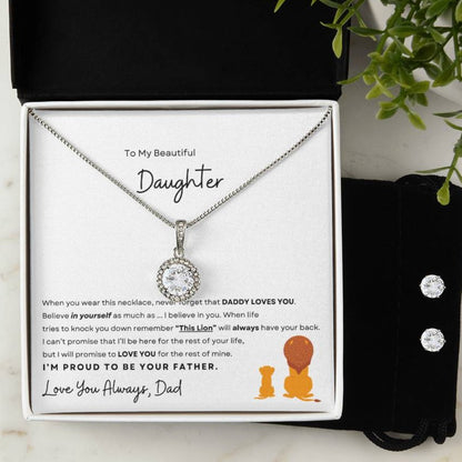 Stunning 'To My Beautiful Daughter' Eternal Hope necklace and earrings set displayed in a classic black gift box, complete with an affectionate message from Dad, perfect for gift-giving and creating lasting memories. Shop this exclusive piece at d1gitalemporiumus.com.