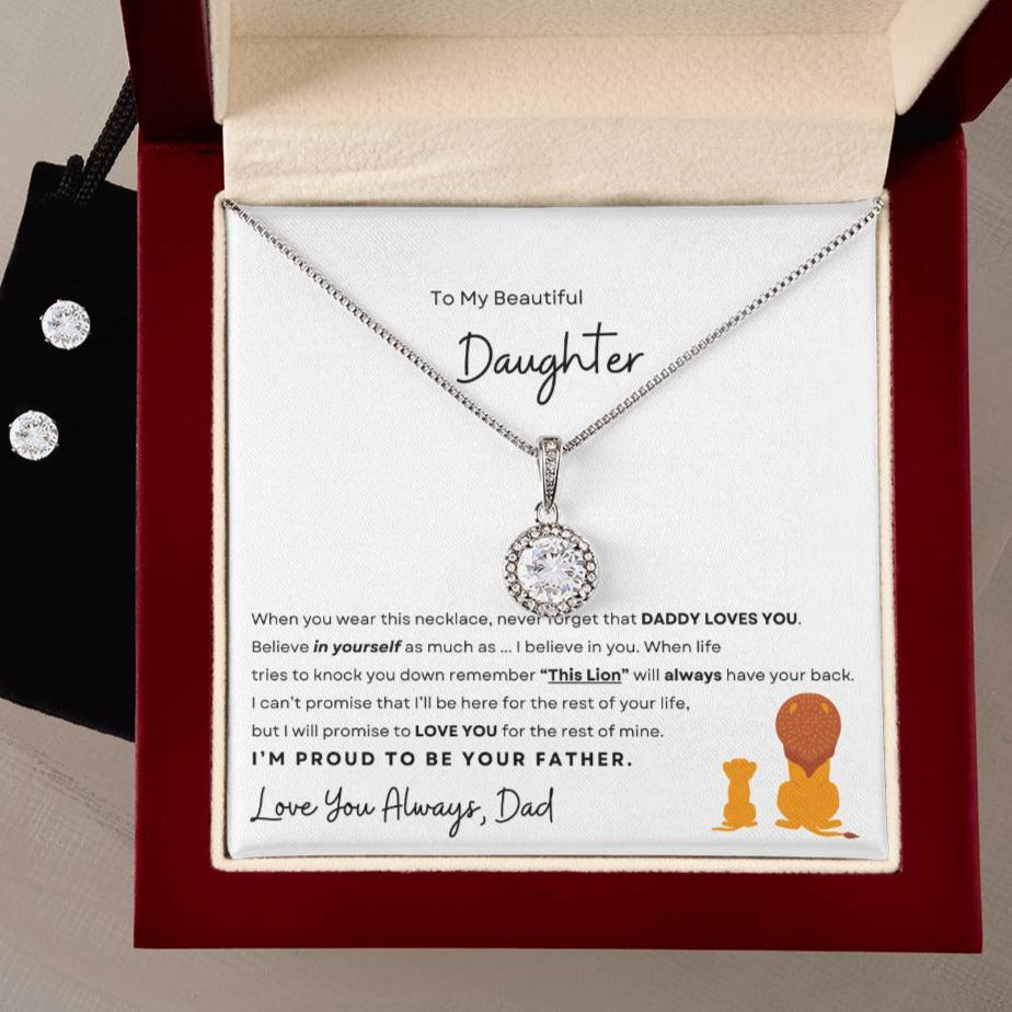 Express a father's eternal love with this 'To My Beautiful Daughter' jewelry set, featuring a dazzling circular pendant necklace and sparkling stud earrings, elegantly packaged in a red gift box with an endearing note from Dad, available at d1gitalemporiumus.com.