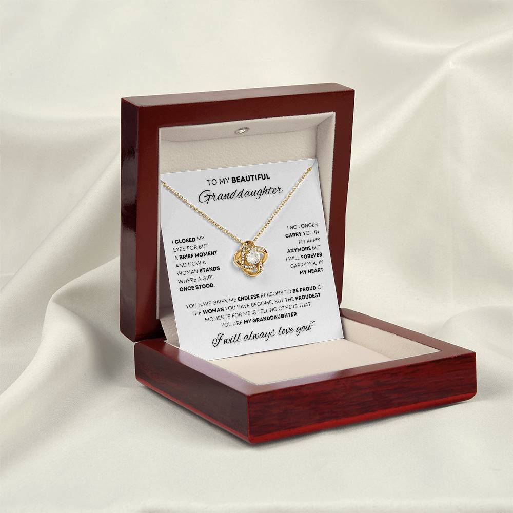 Cherish your granddaughter with this elegant Love Knot Necklace, a symbol of eternal love, presented in a luxurious box, available at D1gital Emporium US – the perfect gift to express your everlasting bond.