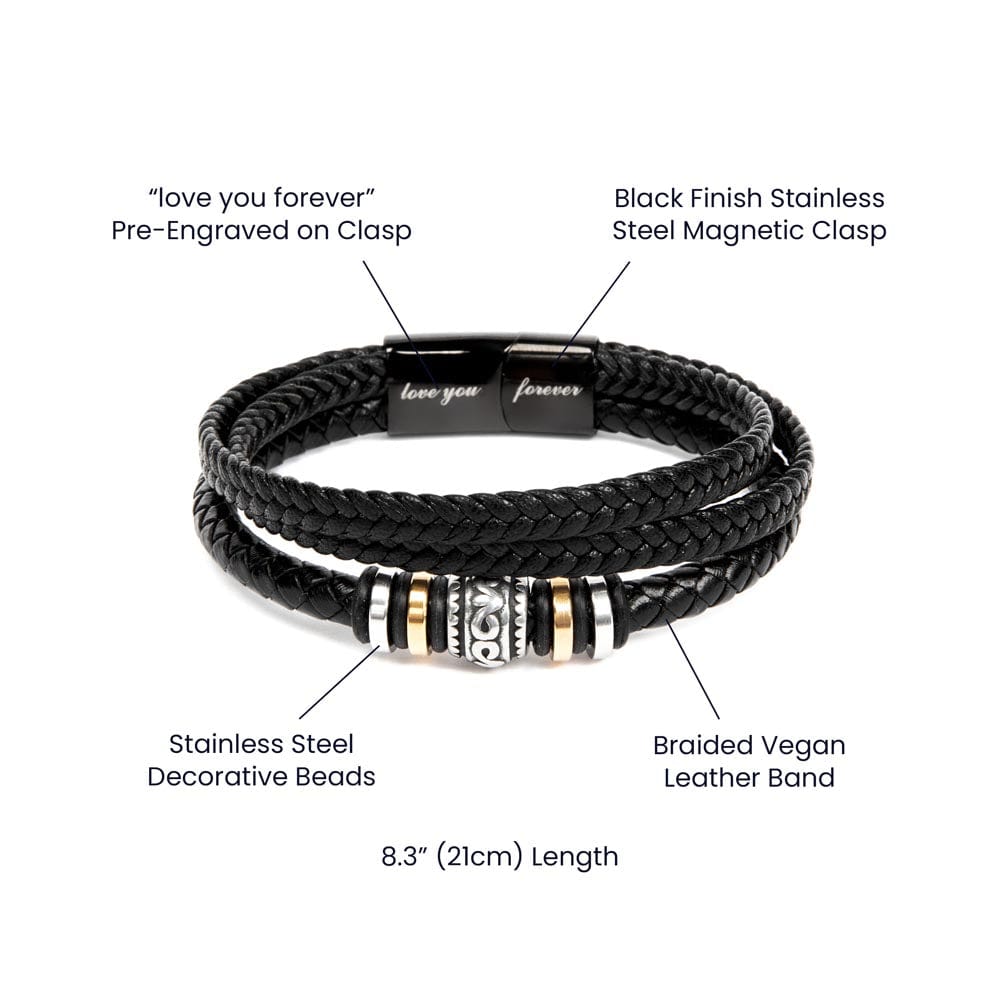 Stylish 'To My Husband' Engraved Bracelet with Black Finish Stainless Steel Magnetic Clasp and Stainless Steel Decorative Beads on a Braided Vegan Leather Band, 8.3 inches length - find it at D1gital Emporium US.