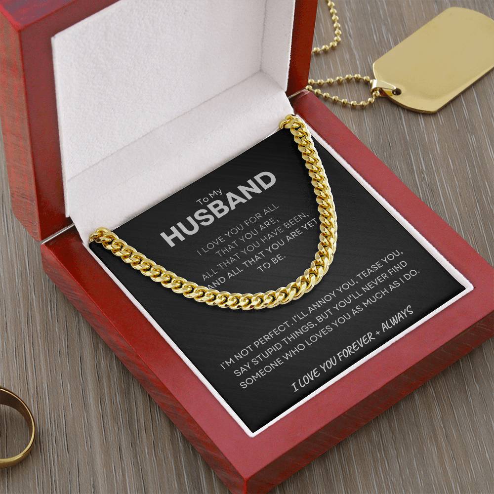 Showcase your eternal love with the 'To My Husband Love You Forever' Gold Cuban Link Necklace, elegantly presented in a luxurious box with a personal, touching message. Ideal for gifting, available now at D1gital Emporium US.