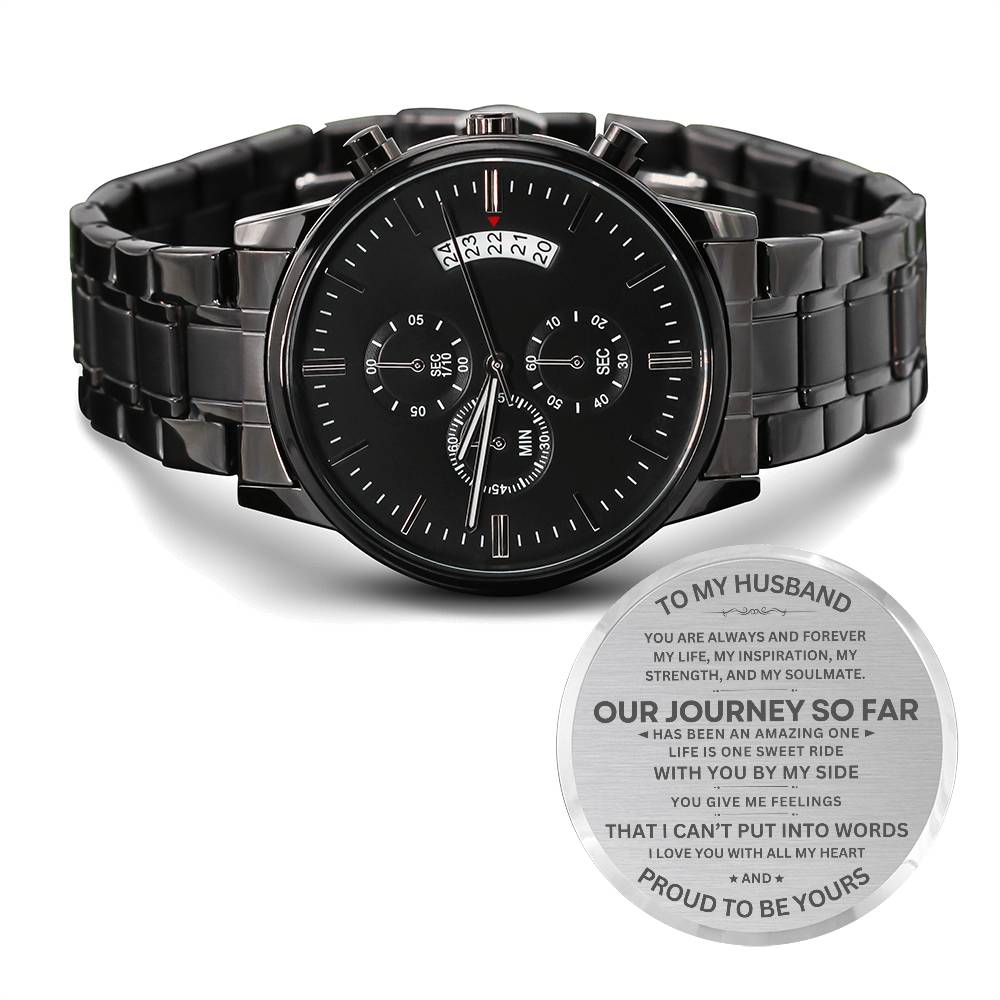 Valentine's Day 'To My Husband' Engraved Black Chronograph Watch - Express your everlasting love with this sophisticated, personalized timepiece, perfect for both loyal customers and new shoppers at [Digital Emporium]. Shop this heartfelt and stylish husband's gift today!