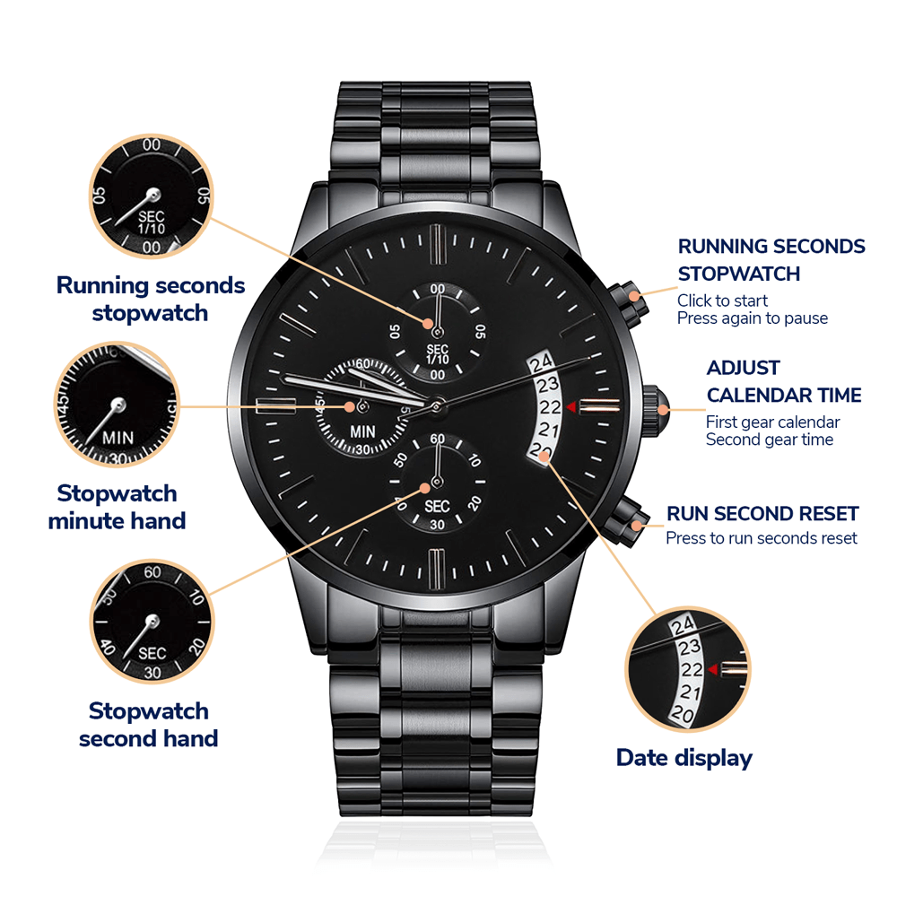 Sleek Black Chronograph Watch with Detailed Functionality - Precision-crafted with running seconds stopwatch, adjustable calendar, and second reset features. Perfect for the discerning customer seeking both elegance and practicality. Shop this premium watch now at [D1gital Emporium US].