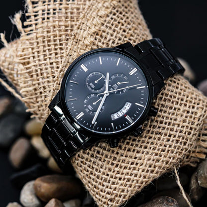 Elegant Black Chronograph Watch on Burlap - A timeless gift for him, featuring a refined design perfect for any occasion. Exclusively available at [D1gital Emporium US]. Capture the heart of your husband with this sophisticated and meaningful timepiece.