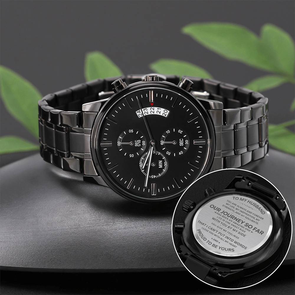 Luxury Black Chronograph Watch with Personalized Engraving for Husband - A sophisticated choice for discerning customers and perfect for new shoppers seeking a memorable gift. This exclusive watch with a heartfelt message is available now at [D1gital Emporium US].