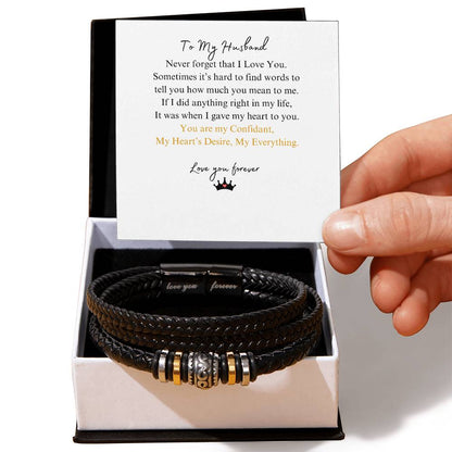 Express undying affection with the 'To My Husband' Love You Forever Leather Bracelet, presented in an elegant box with a loving message, perfect for both returning and new customers at D1gital Emporium US.