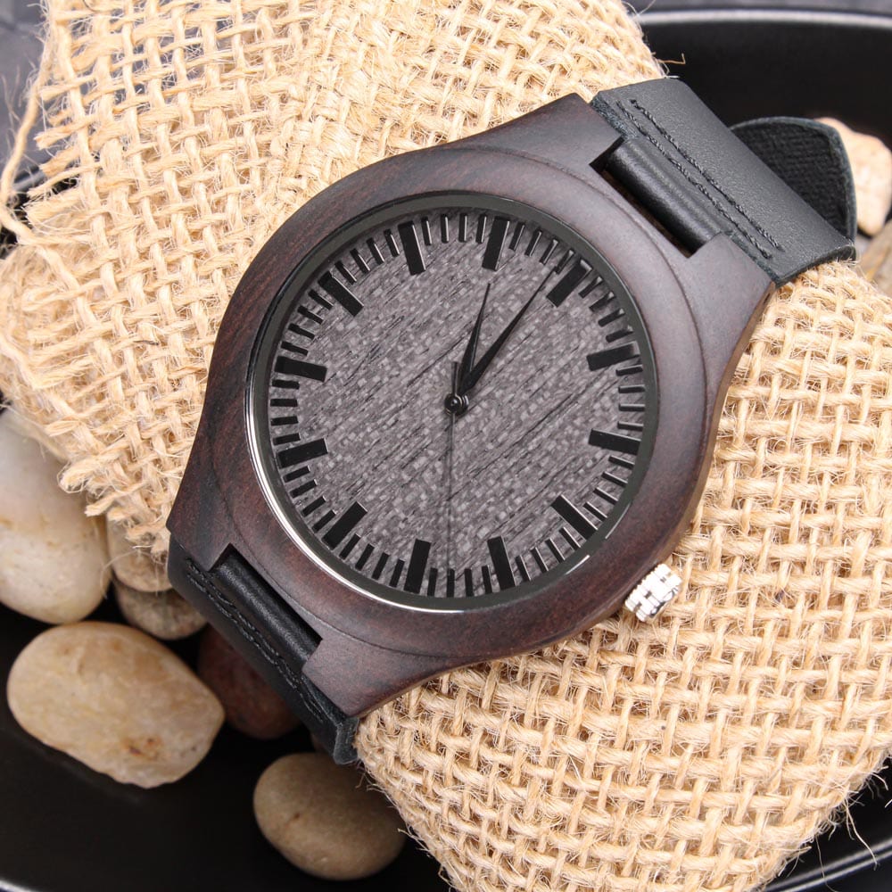 Eco-Friendly Black Wooden Watch Displayed on Burlap - Unique Men's Accessory | Digital Emporium US